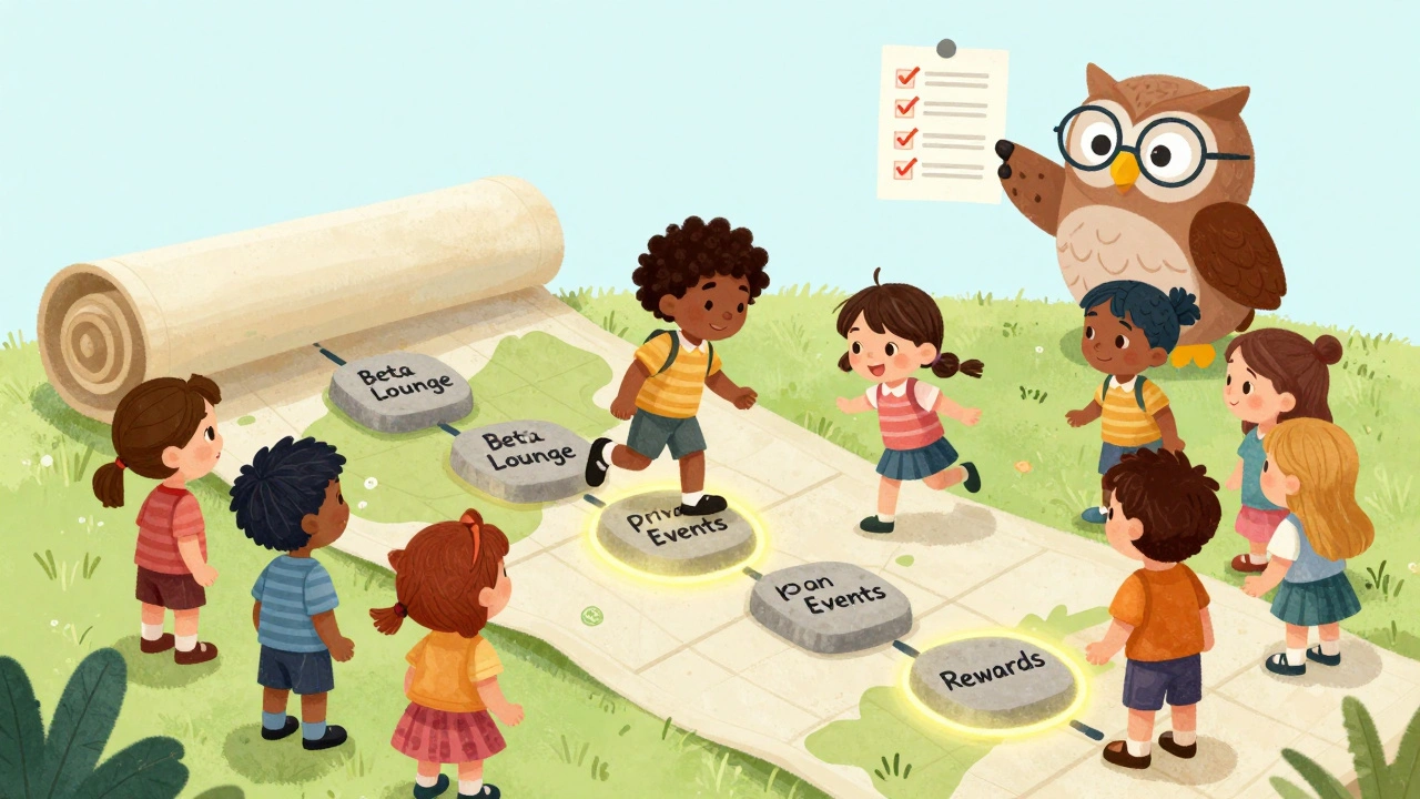 Children walking on a glowing roadmap scroll with stepping stones leading to rewards and events.