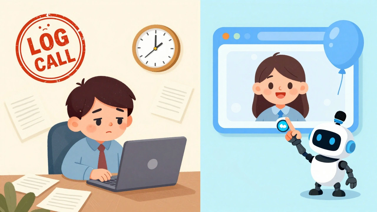 Contrasting scenes: a tired worker drowning in paperwork vs. a happy rep with magical call logging.