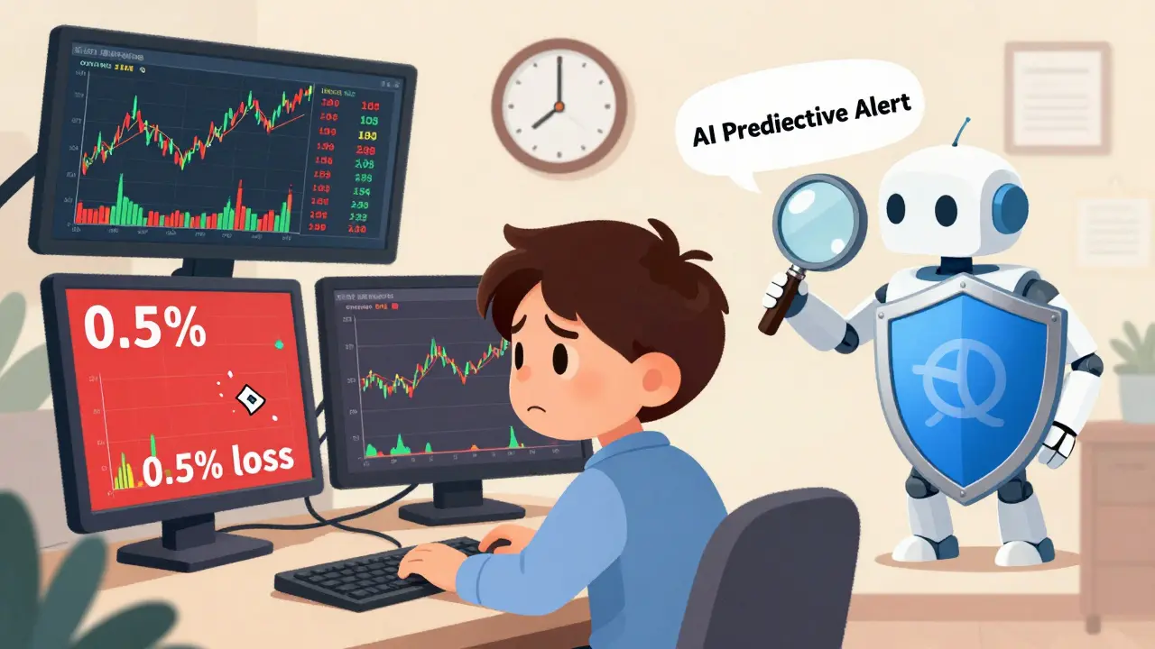 Financial trader facing a red packet loss alert, helped by a calm AI robot with a protective shield.