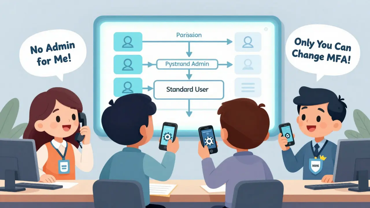 Four employees with different colored badges stand near a permission chart showing access levels.