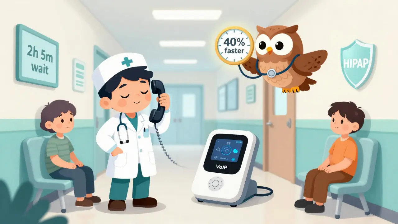 Healthcare worker beside an old phone and new VoIP device, with a patient waiting and an AI owl bringing faster service.