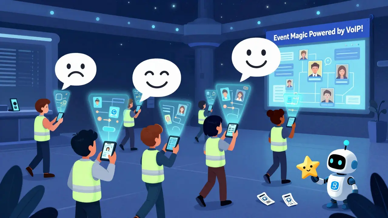 Staff with glowing devices walk an event hall, using AR maps and voice-analysis bubbles to help attendees.