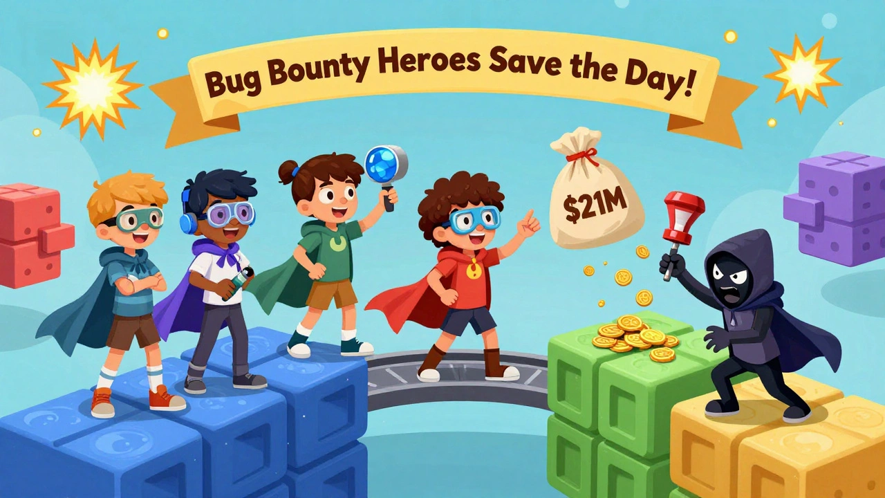 Young hackers with tools stand on a digital bridge, stopping a shadowy thief from stealing gold coins labeled &#039;M&#039;.