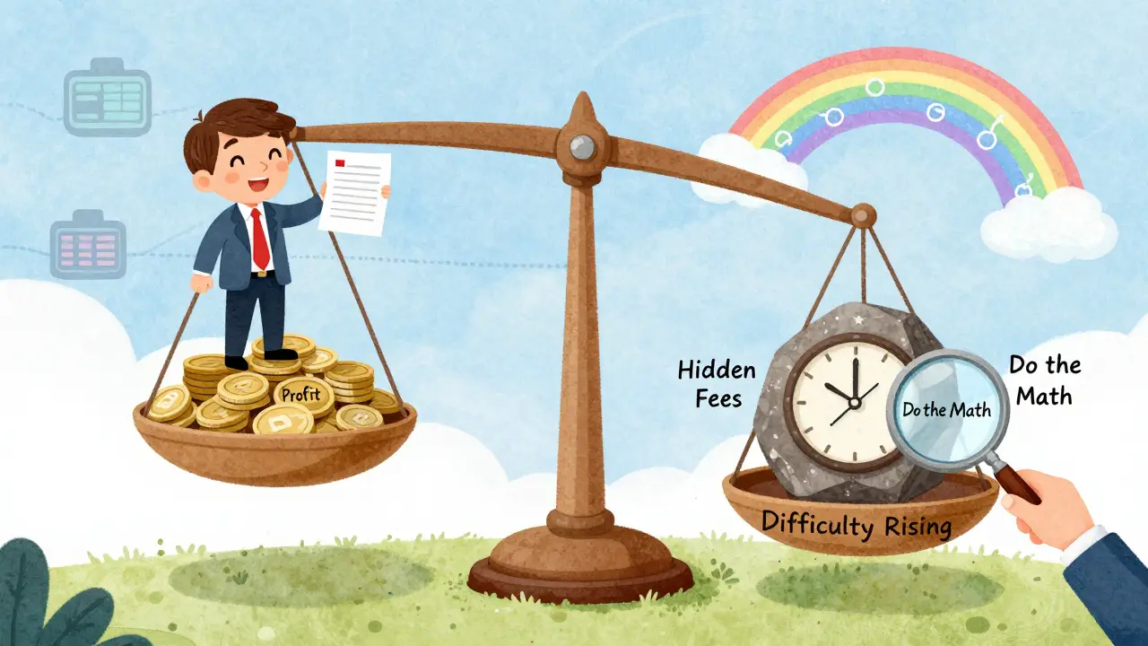 A balance scale shows profit vs. hidden fees, with a magnifying glass helping tip it right.