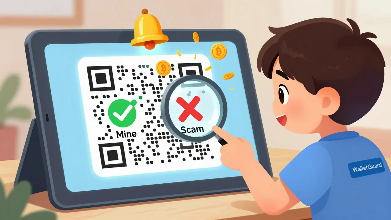 A child and robot examine a QR code with a magnifying glass, revealing a fake wallet address marked with an X.
