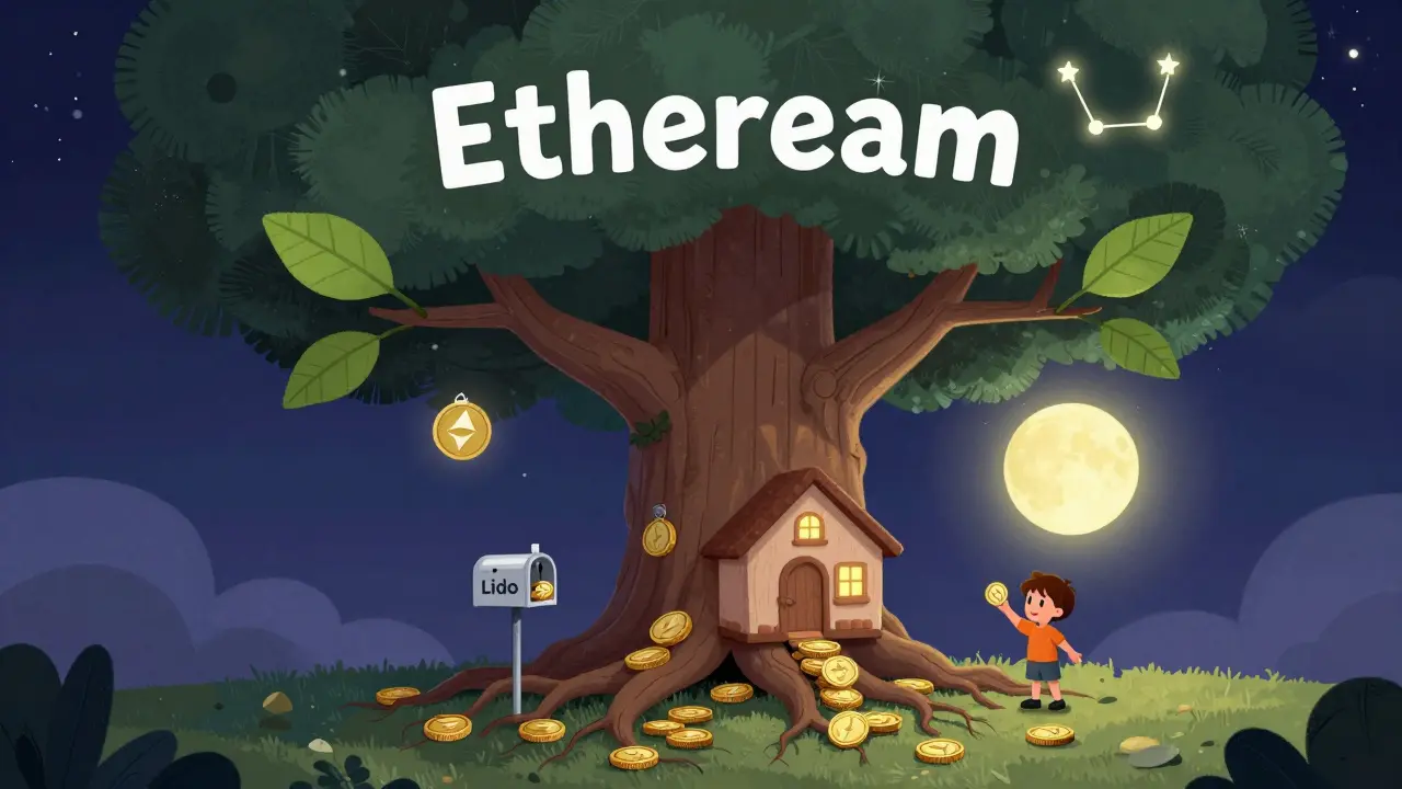A child deposits small ETH into a staking pool mailbox under a tree made of crypto roots.