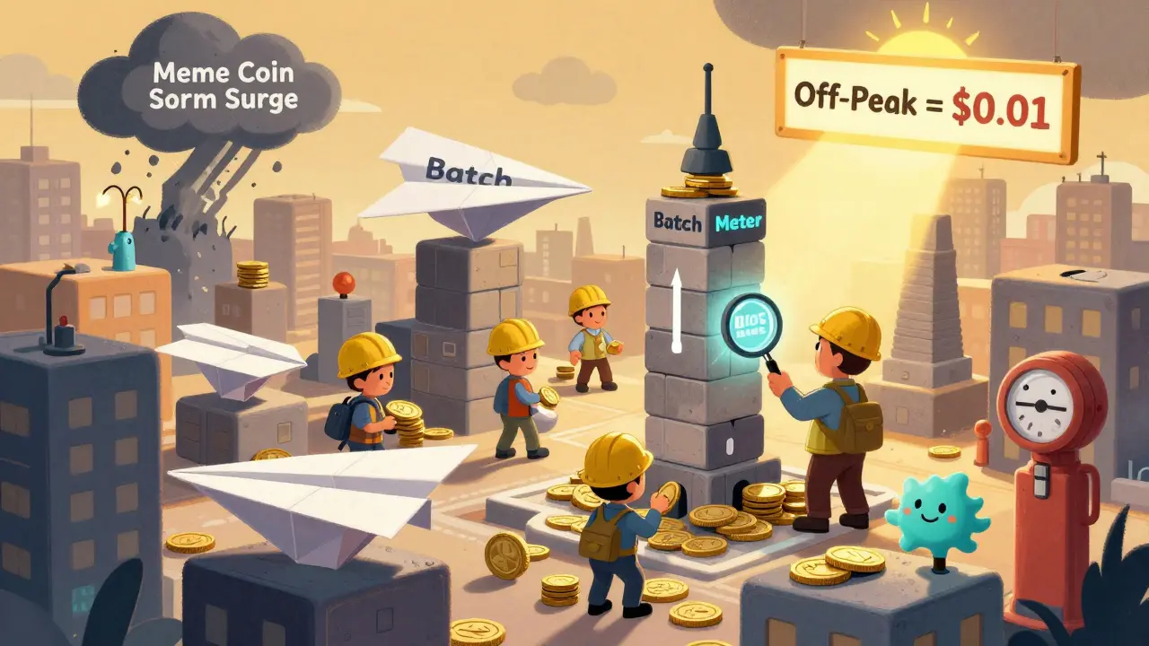 A city of transaction blocks where workers bundle coins into batched airplanes, watched by a blob meter under a sunny sky.