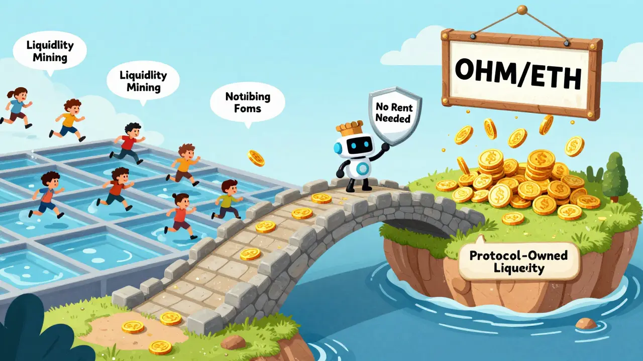 A collapsing token bridge on the left, a sturdy fee-generating bridge on the right, with a treasury robot waving proudly.