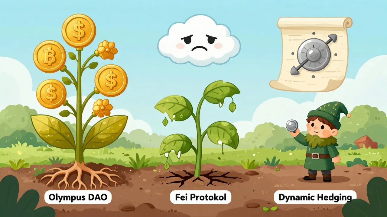 A magical garden with a thriving Olympus plant and a wilting Fei plant, under a regulatory cloud while a wizard adjusts a hedging dial.