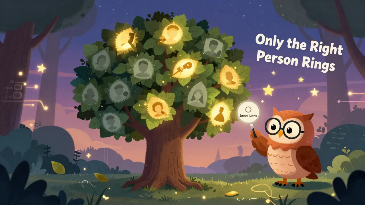 A magical tree with glowing leaves, only one lit, as a wise owl fixes smart notifications.