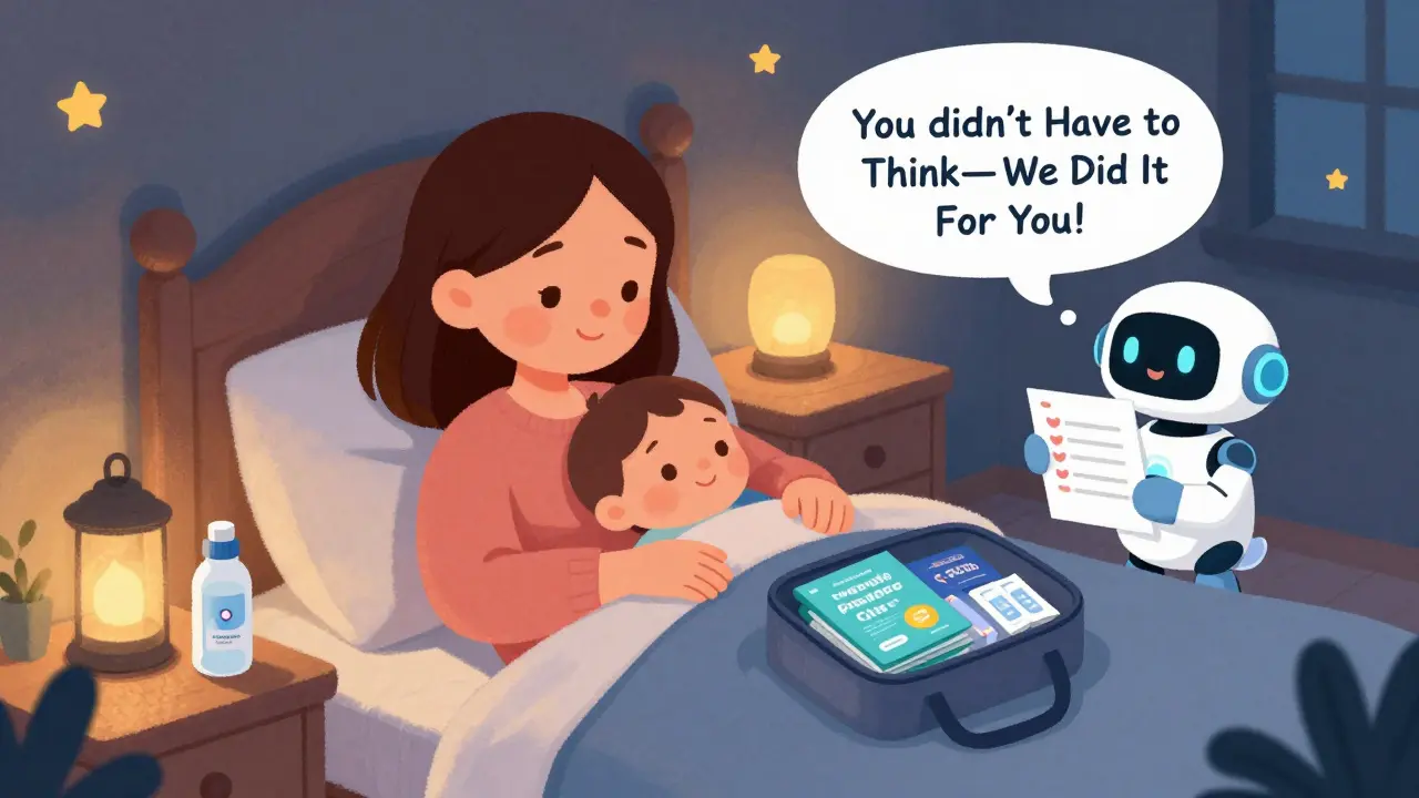 A new mom holds a postpartum care bundle on her nightstand, with a friendly AI robot in her thought bubble.