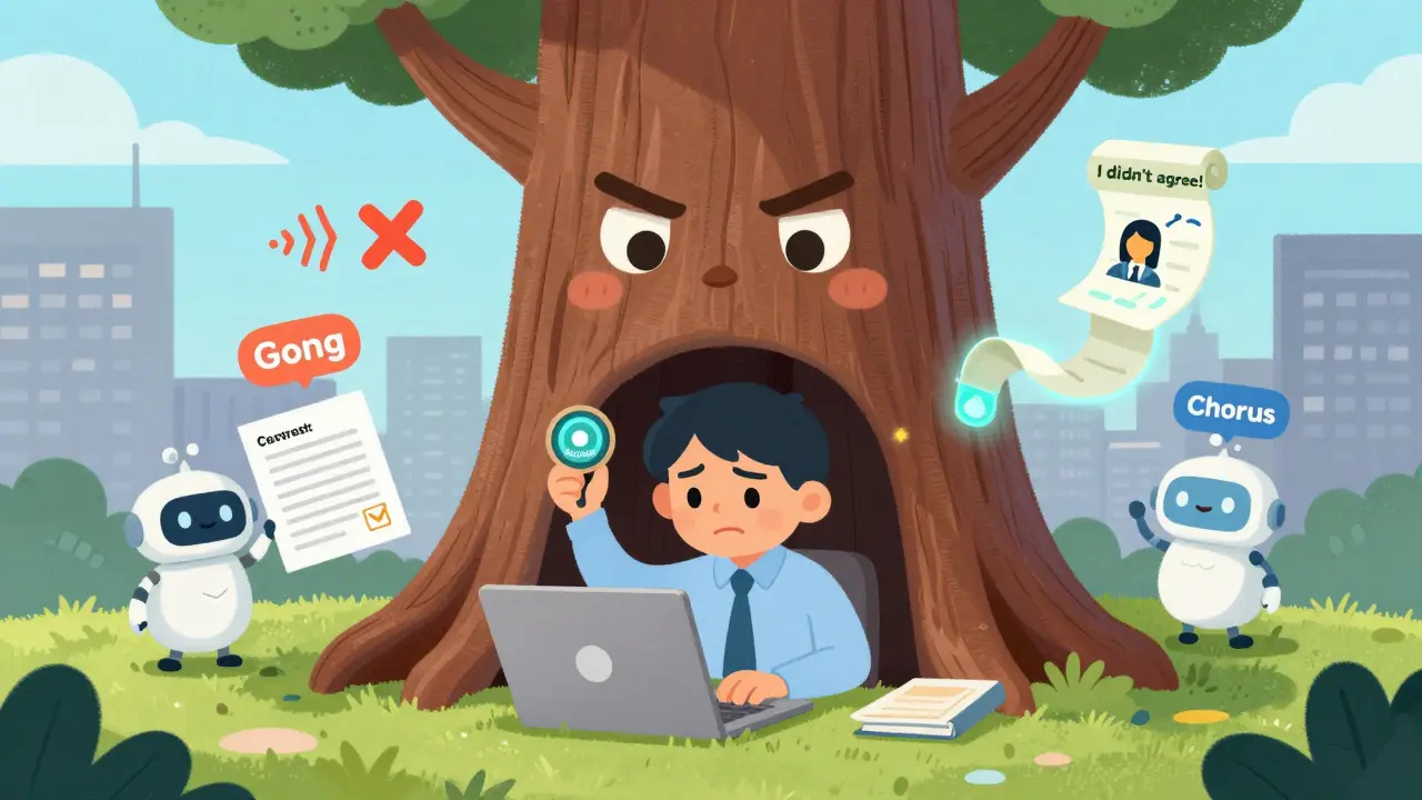 A person nervously trying to record a call while a giant frowning California tree blocks them, with beep tones and audit trails floating nearby.