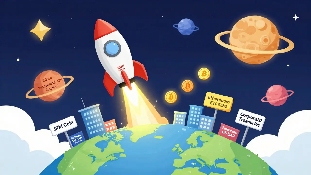 A rocket launching into space with crypto milestones as planets, leaving a trail of tokens.