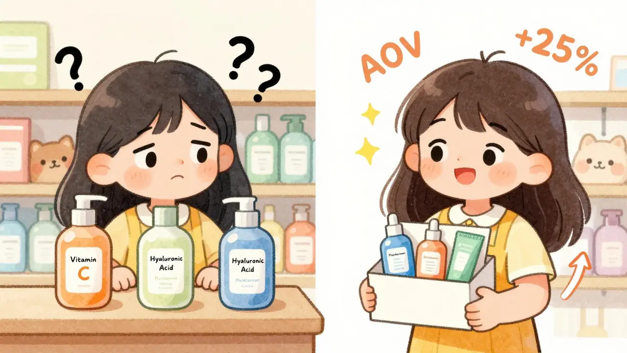 A shopper chooses a bundled skincare set instead of three separate bottles, with a rising AOV arrow.