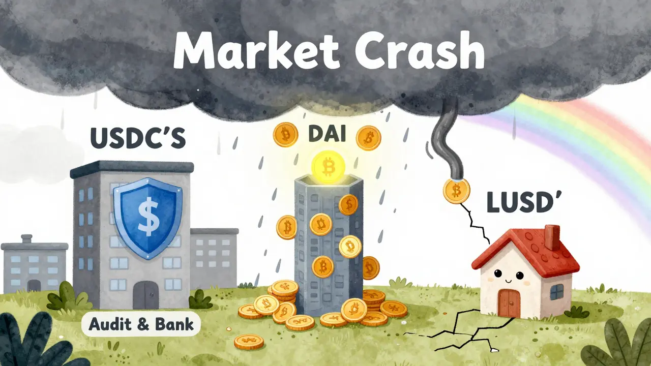 A storm hits a DeFi town with three coins reacting differently to market crash, one safe, one reinforced, one collapsing.