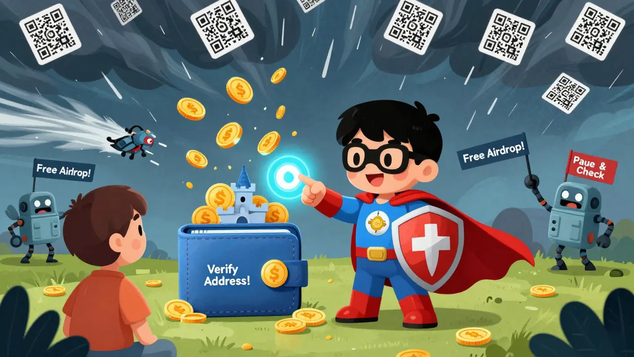 A superhero wallet protects a user from falling fake QR codes, guiding them to verify their address safely.