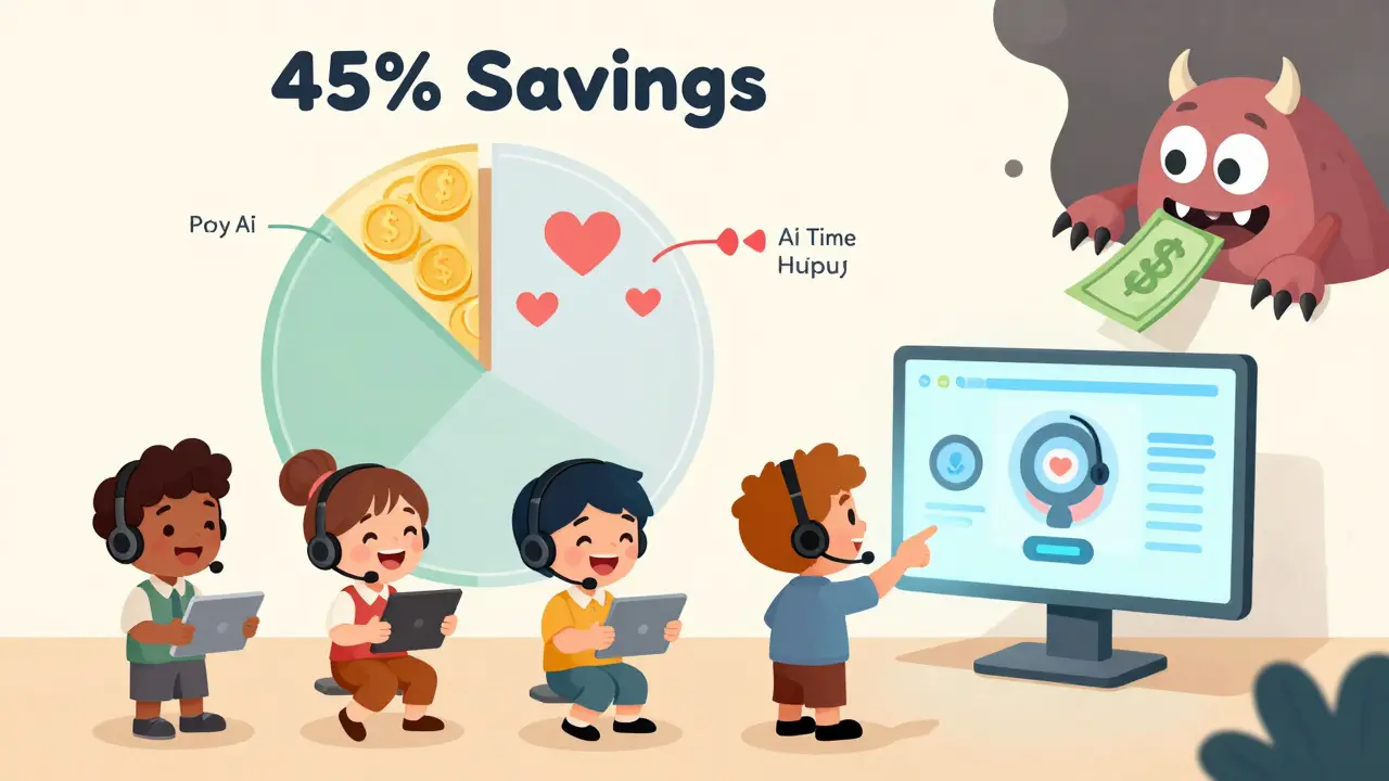 A team celebrates savings with a pie chart showing 45% reduction, while a hidden fee monster tries to steal money.