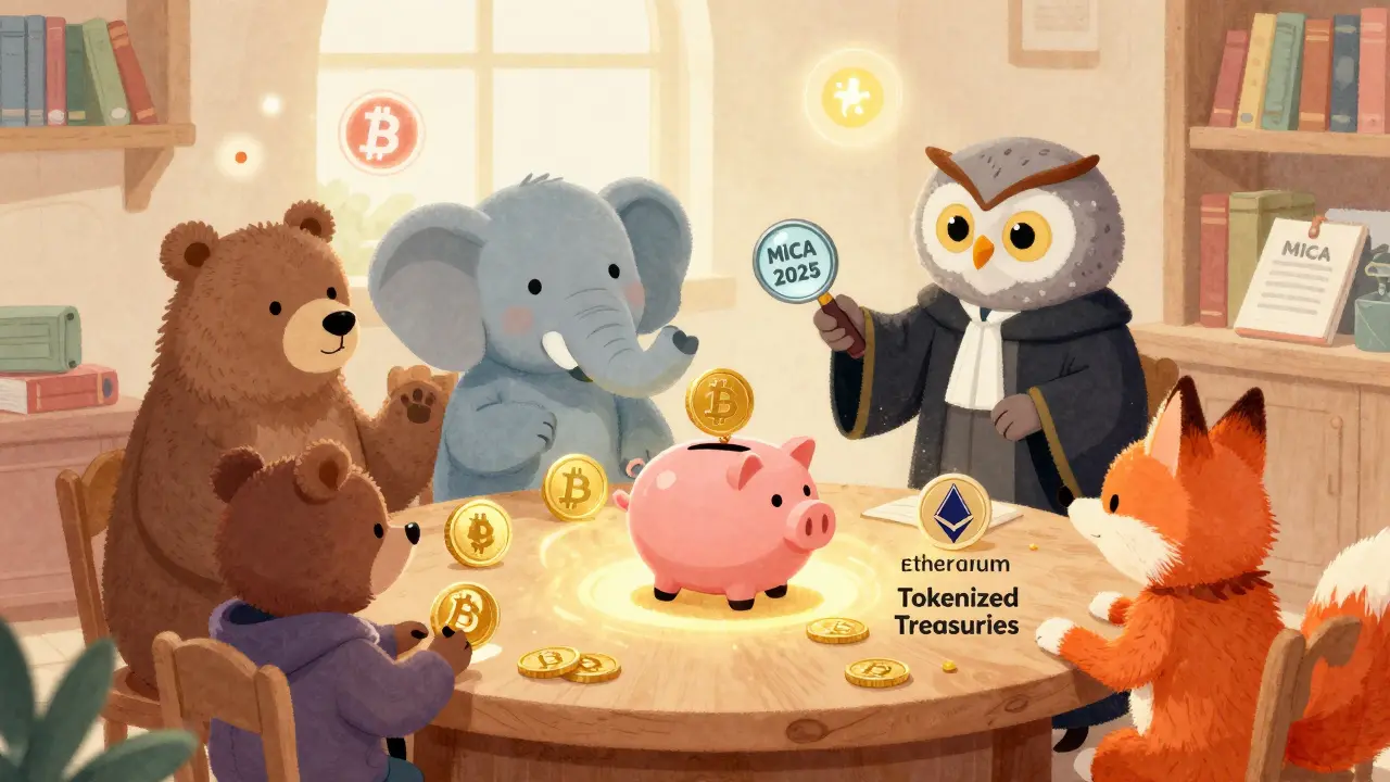 Animals placing crypto tokens into a piggy bank while an owl explains MiCA regulations.
