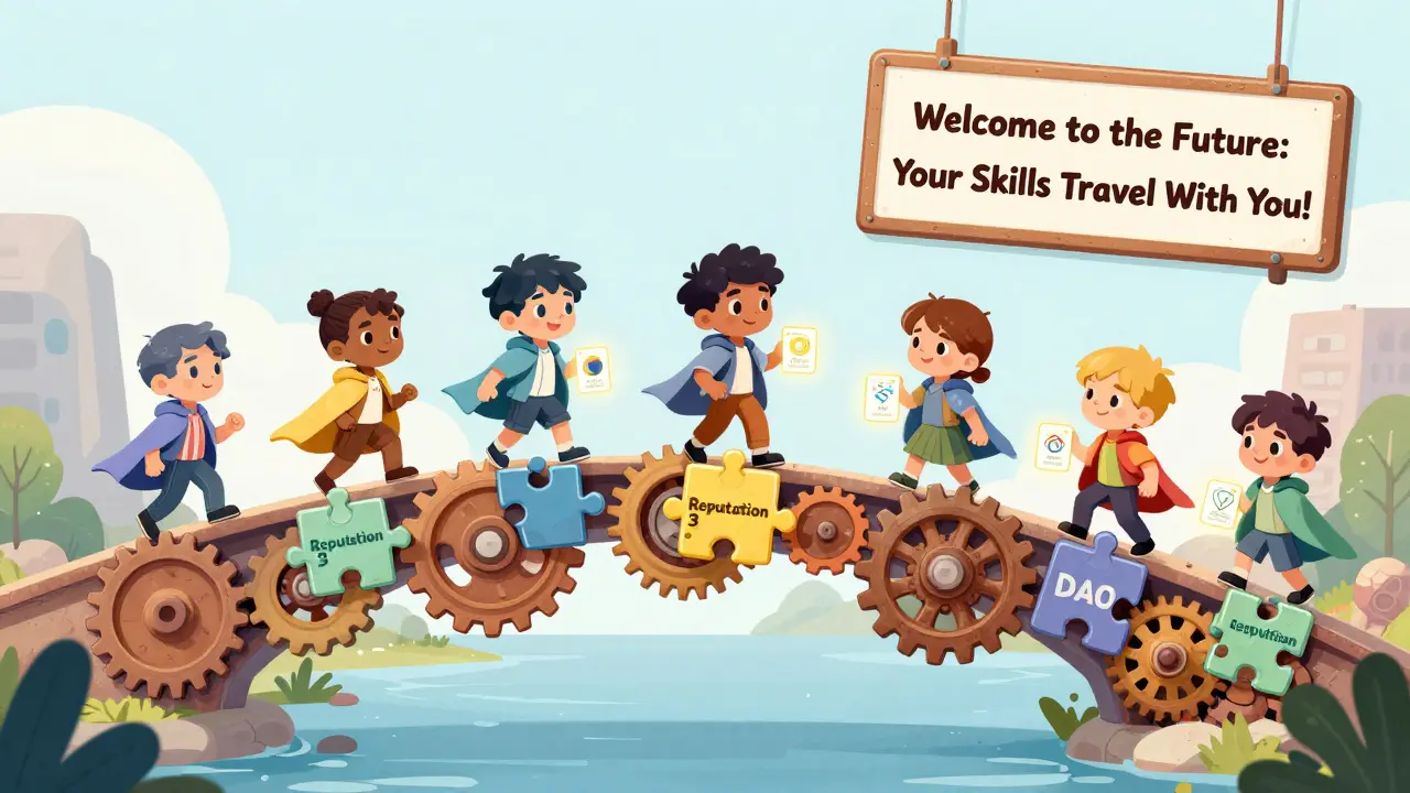 Characters crossing a gear-and-puzzle bridge with invisible reputation badges, moving between DAOs in a colorful futuristic world.