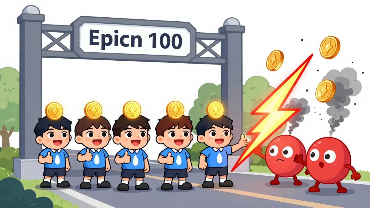 Cheerful validators vote at a checkpoint while glitch creatures get zapped by slashing lightning.