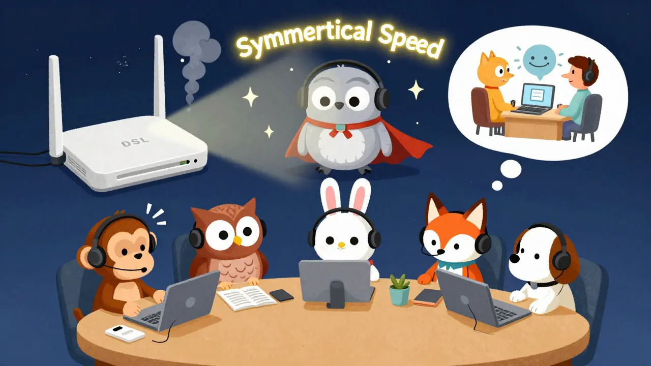 Five animals on video calls, a smoking DSL router below, and a glowing fiber router shining a calm halo above.