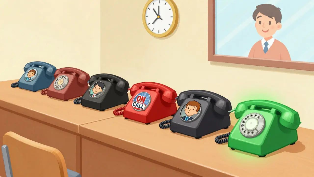 Phones in a line passing a call, skipping a busy one, ending with a green glowing answer.