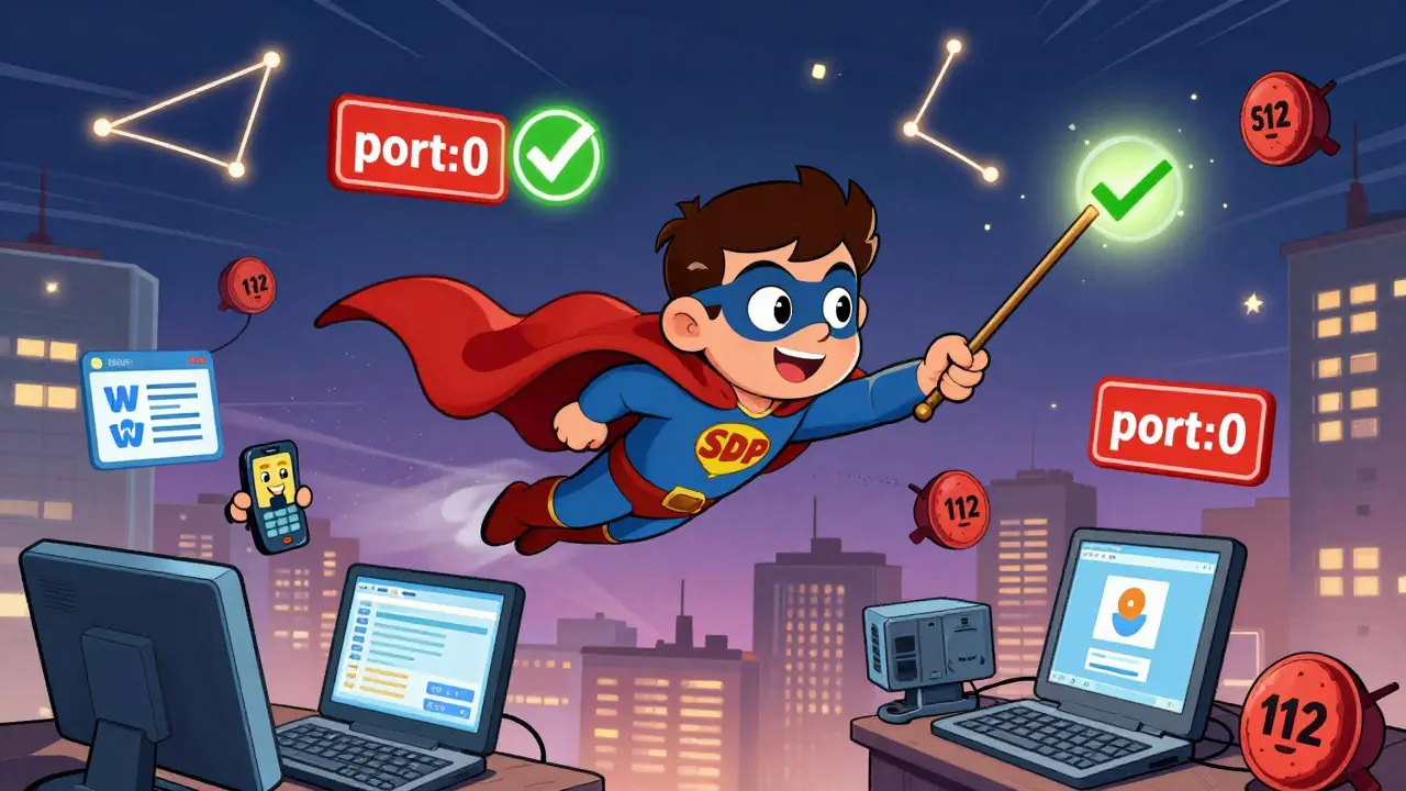 SDP Man fixing broken calls with magic, helping phones and computers connect happily.