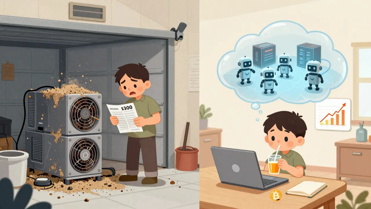 Side-by-side: messy garage with mining rig vs. clean room with cloud mining dashboard.