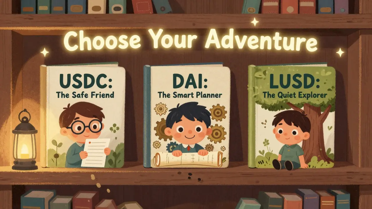 Three illustrated books on a shelf, each representing a stablecoin with unique traits and characters.