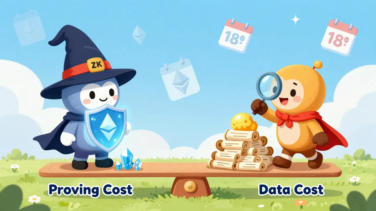 Two cartoon characters on a seesaw balancing proving costs against data costs, with a child adding a blob weight.