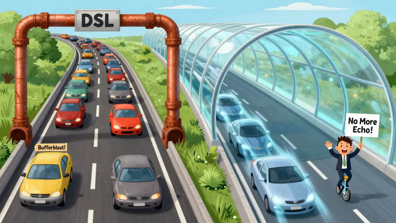 Two highways: one jammed with buffers (DSL), one smooth and glowing (Fiber), with a happy businessperson.