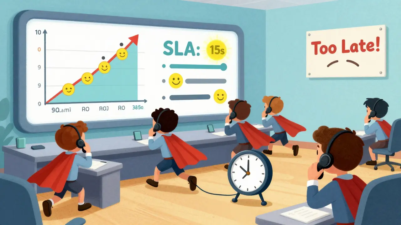 A cartoon call center dashboard shows rising call volume and agents rushing to answer, with a glowing SLA slider set to 15 seconds.