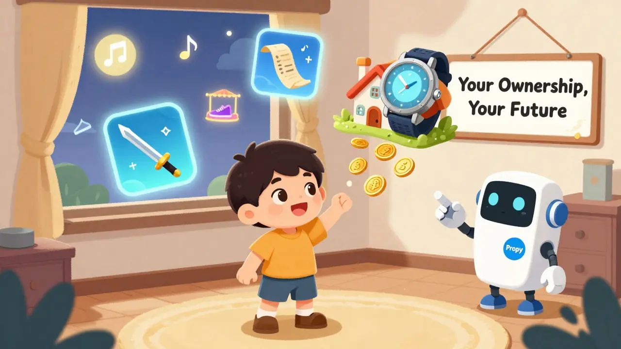 A child is surrounded by floating NFTs representing game items, real estate, and a watch with a history scroll.