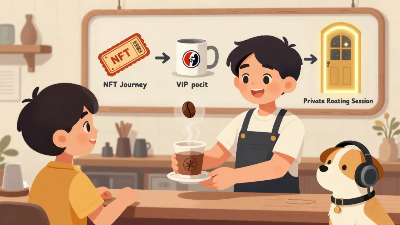 A child receives a coffee with a floating NFT stamp that transforms into rewards like a concert ticket and custom mug.
