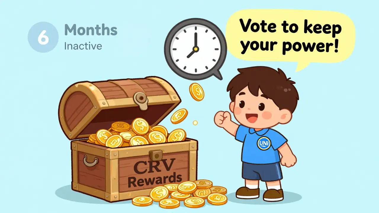 A child receives reward coins for voting, while a clock counts down inactive voting power.