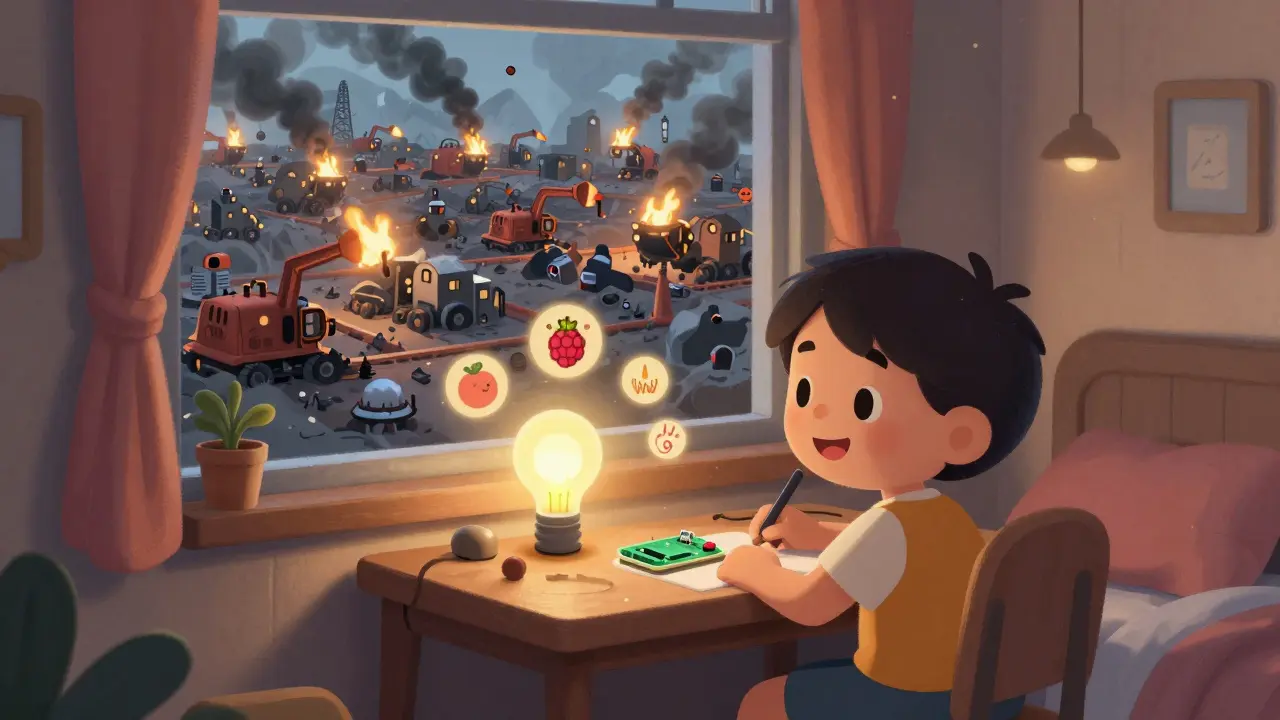 A child runs a validator on a small Raspberry Pi at home, while a huge mining farm fades into the distance.