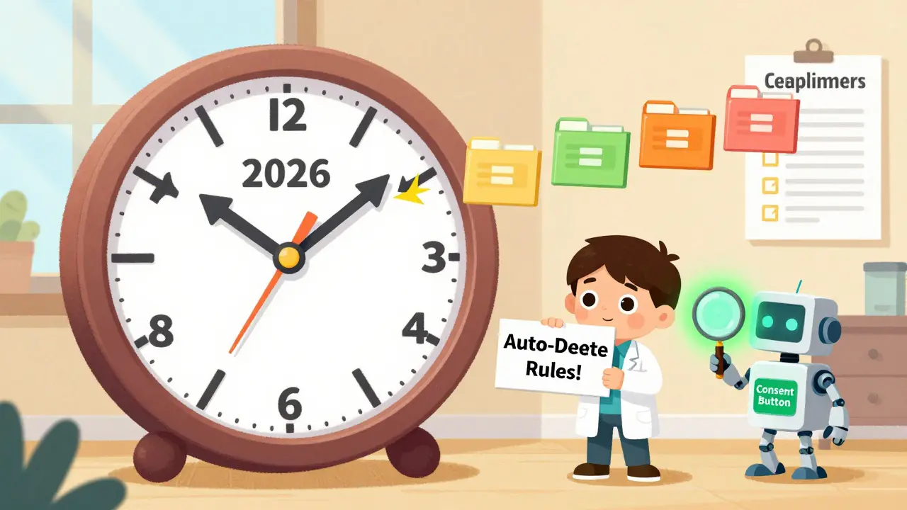 A clock ticks toward 2026 as recordings automatically delete, with a child ensuring consent is properly given.