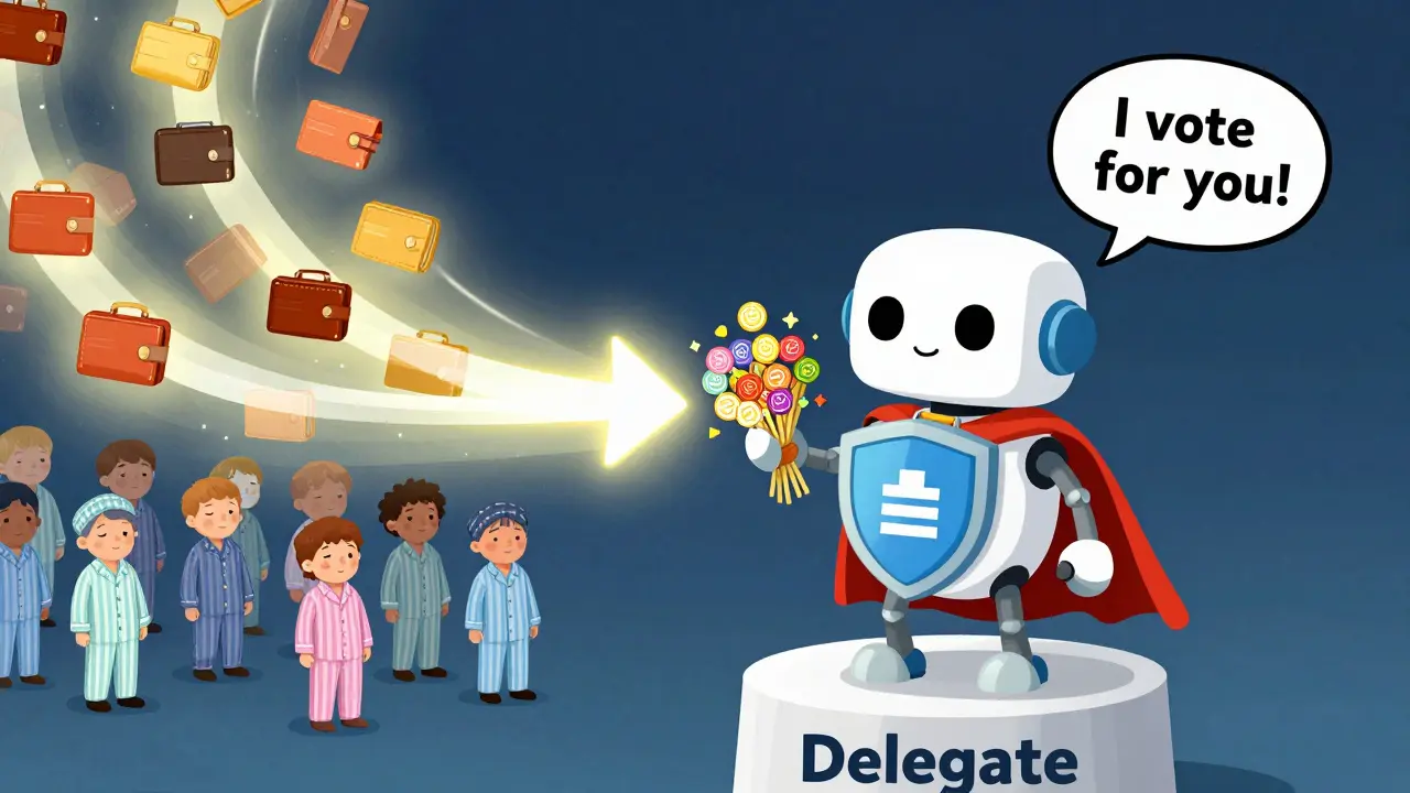 A friendly robot delegate collects voting tokens from sleepy citizens, channeling their power into one vote.