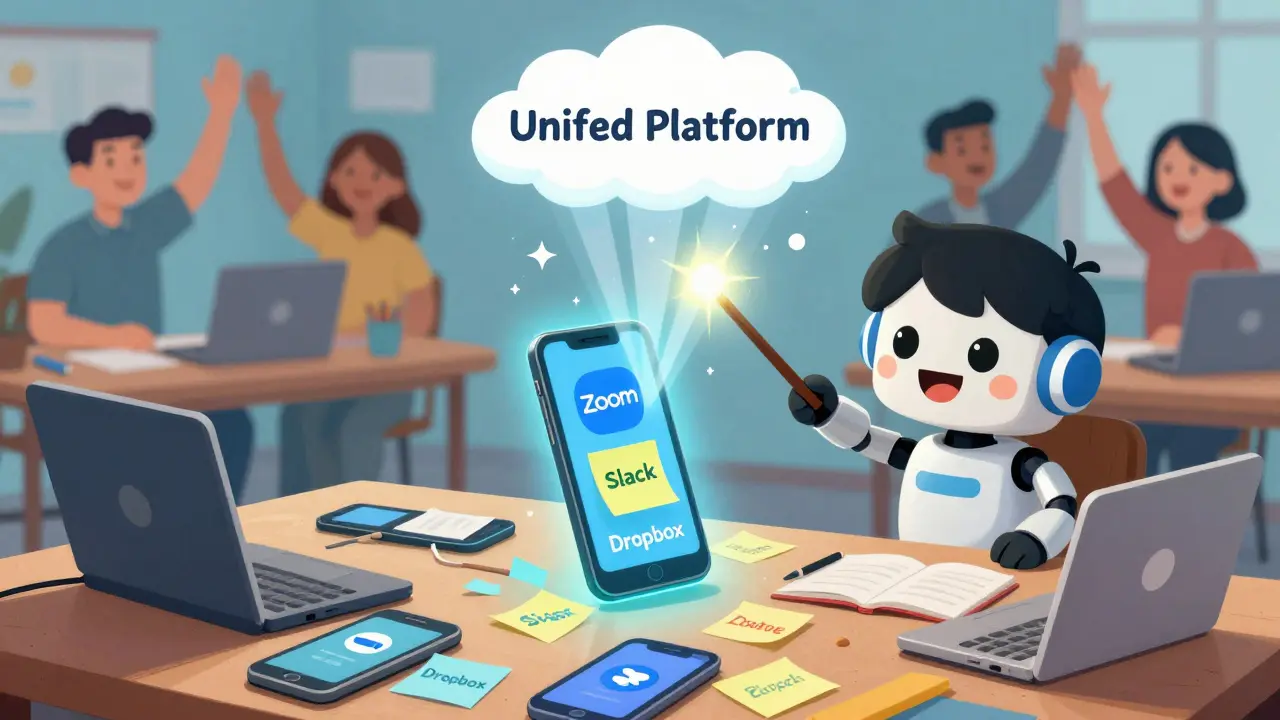 A friendly robot merges scattered work apps into one smartphone, lighting up a happy team.