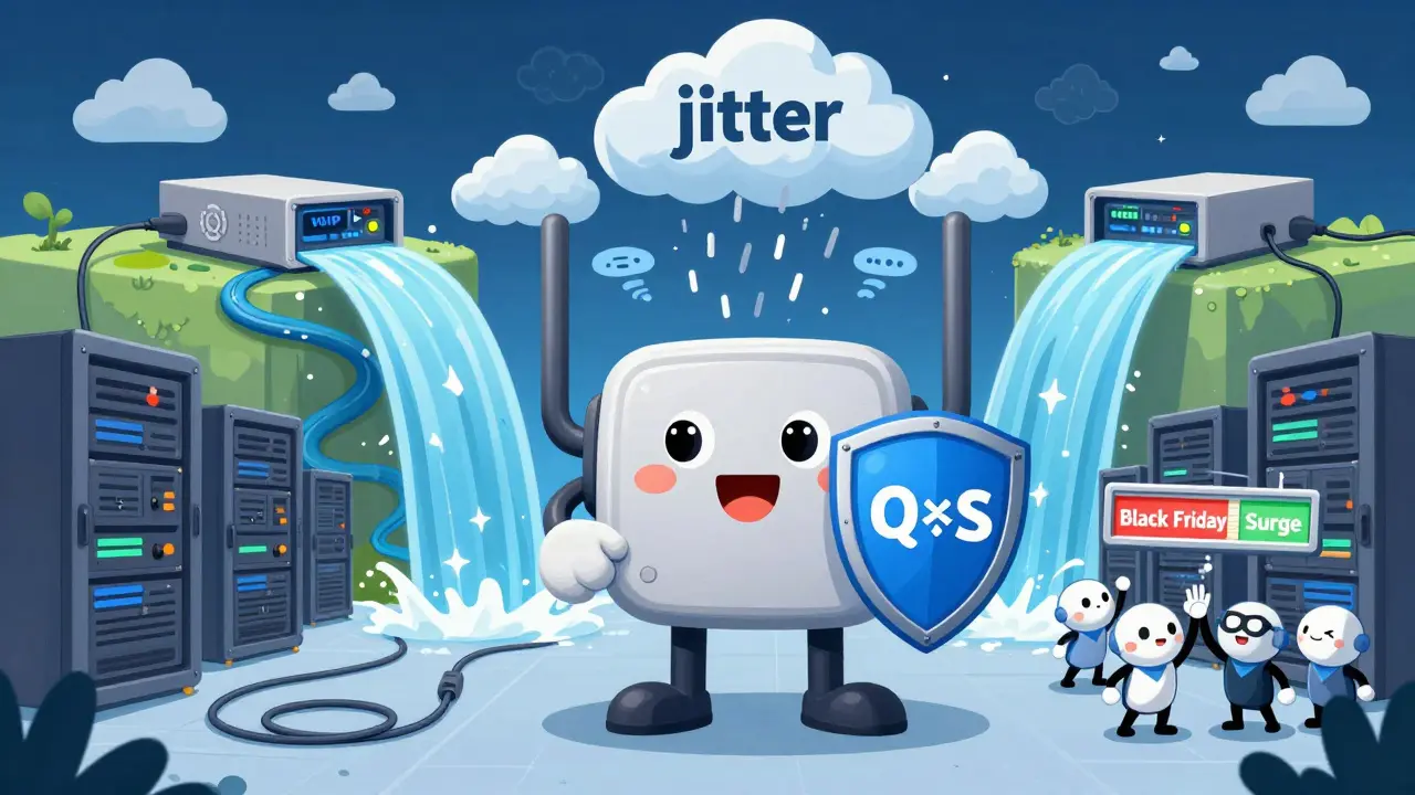 A friendly router superhero protecting VoIP calls with a QoS shield, as twin internet connections flow into a sparkling waterfall.