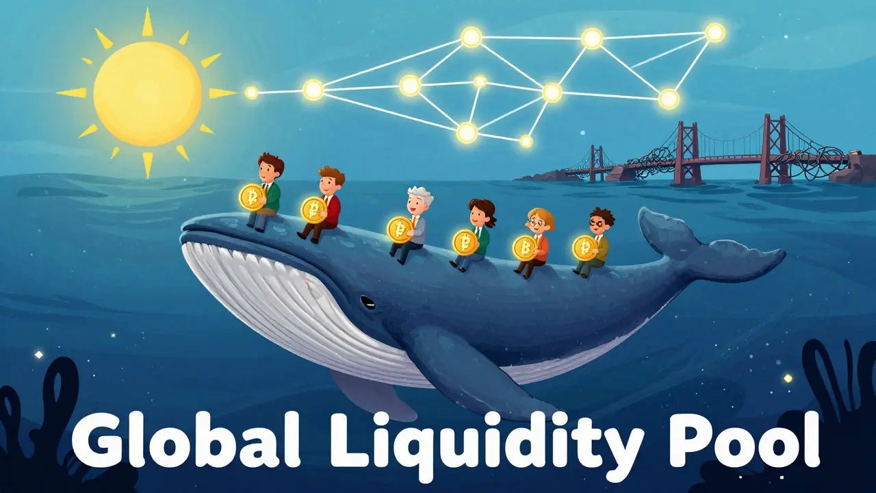 A giant whale swims through a cosmic ocean of unified tokens, as blockchain networks merge into one glowing sun.