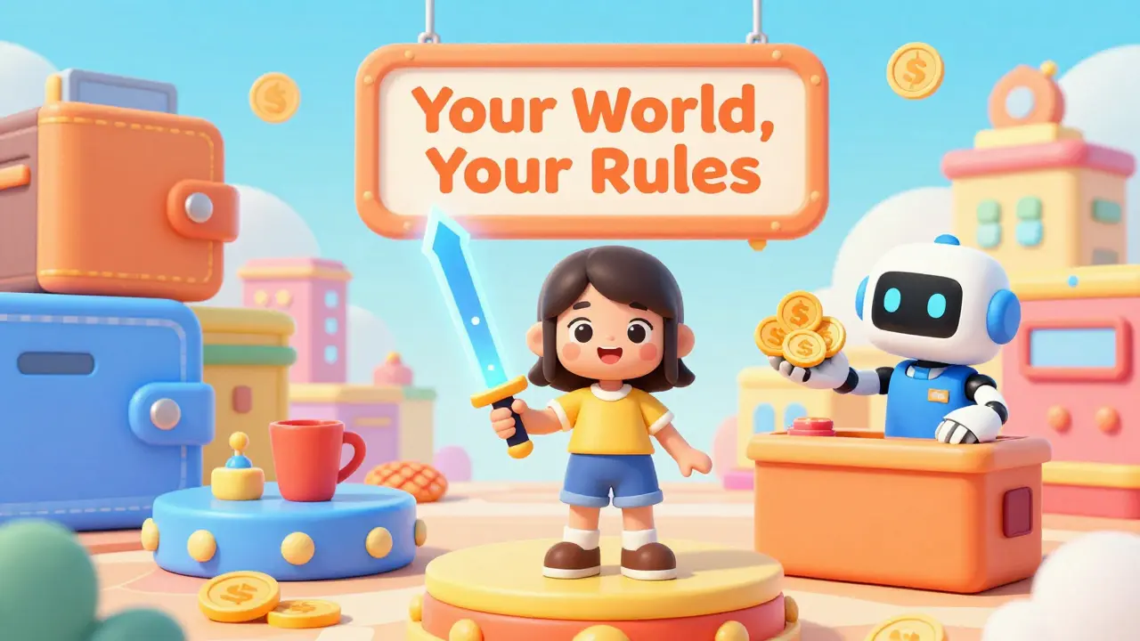 A girl trading a glowing sword for candy-like tokens in a whimsical digital marketplace with wallet-shaped buildings.