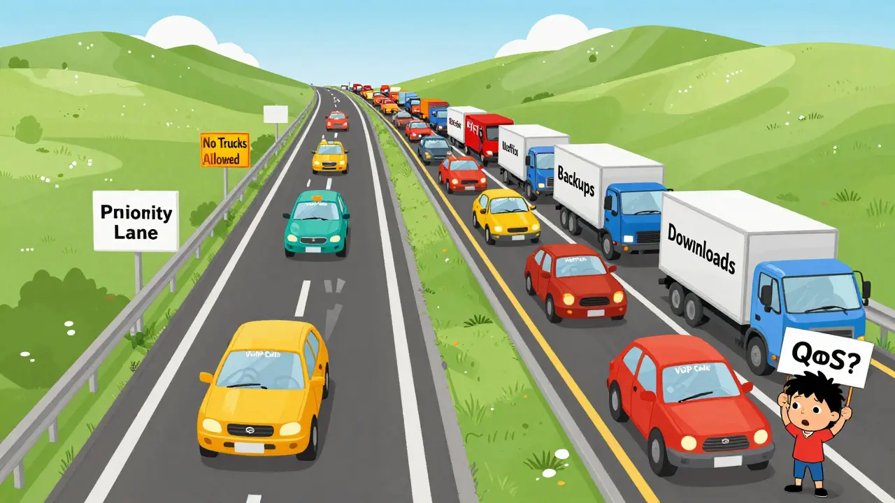 A highway where VoIP calls flow smoothly on one side but get stuck behind internet traffic on the other.