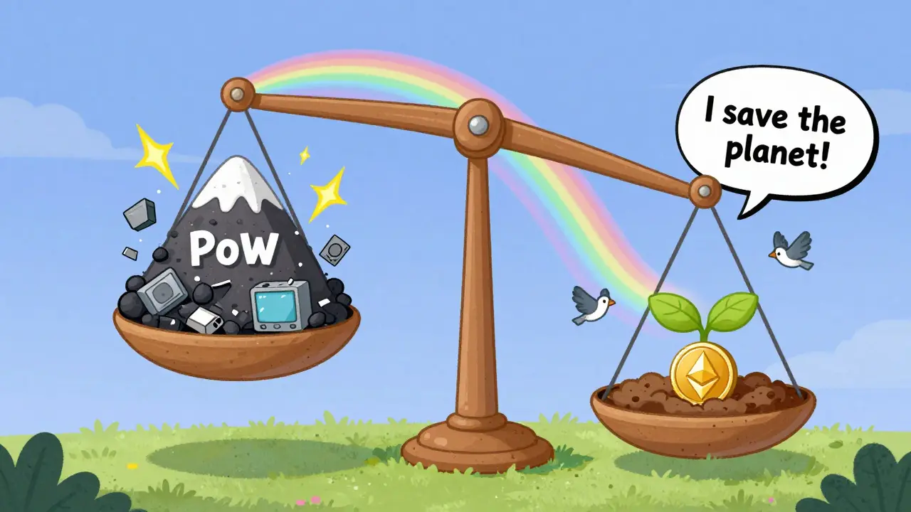 A magical scale balances heavy e-waste against a growing plant powered by a single cryptocurrency coin.