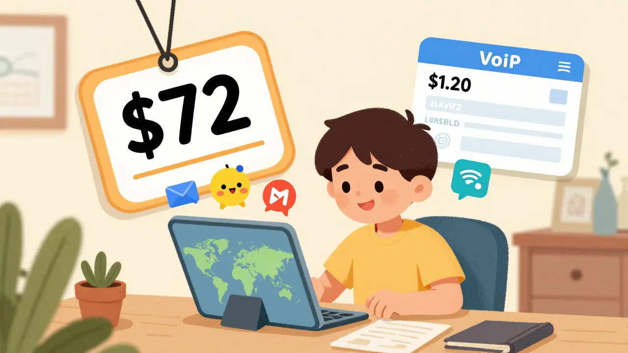 A person using VoIP features on a tablet, with a huge landline bill being replaced by a tiny cost sticker.