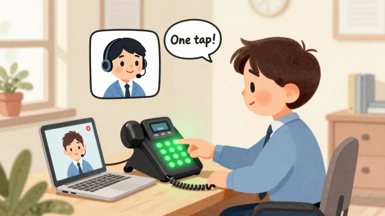 A sales rep taps a green BLF button to transfer a call, while a friendly avatar appears above the phone.