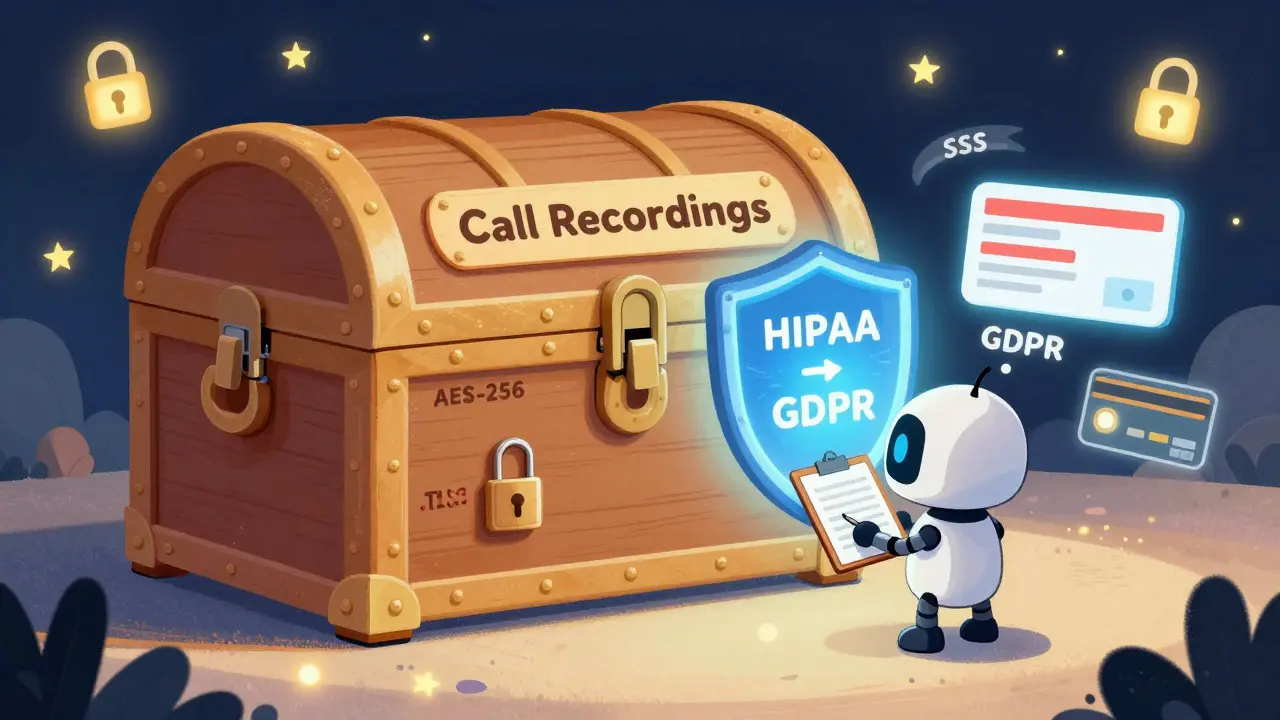 A secure treasure chest protects call recordings with locks and audit logs, guarded by compliance shields.