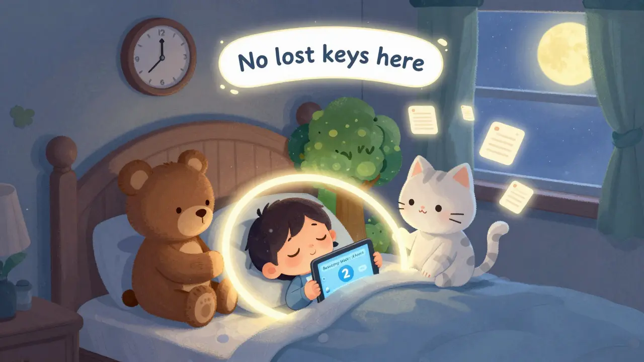 A sleeping child is guarded by three friendly characters as a recovery timer counts down, with smart contracts glowing softly.