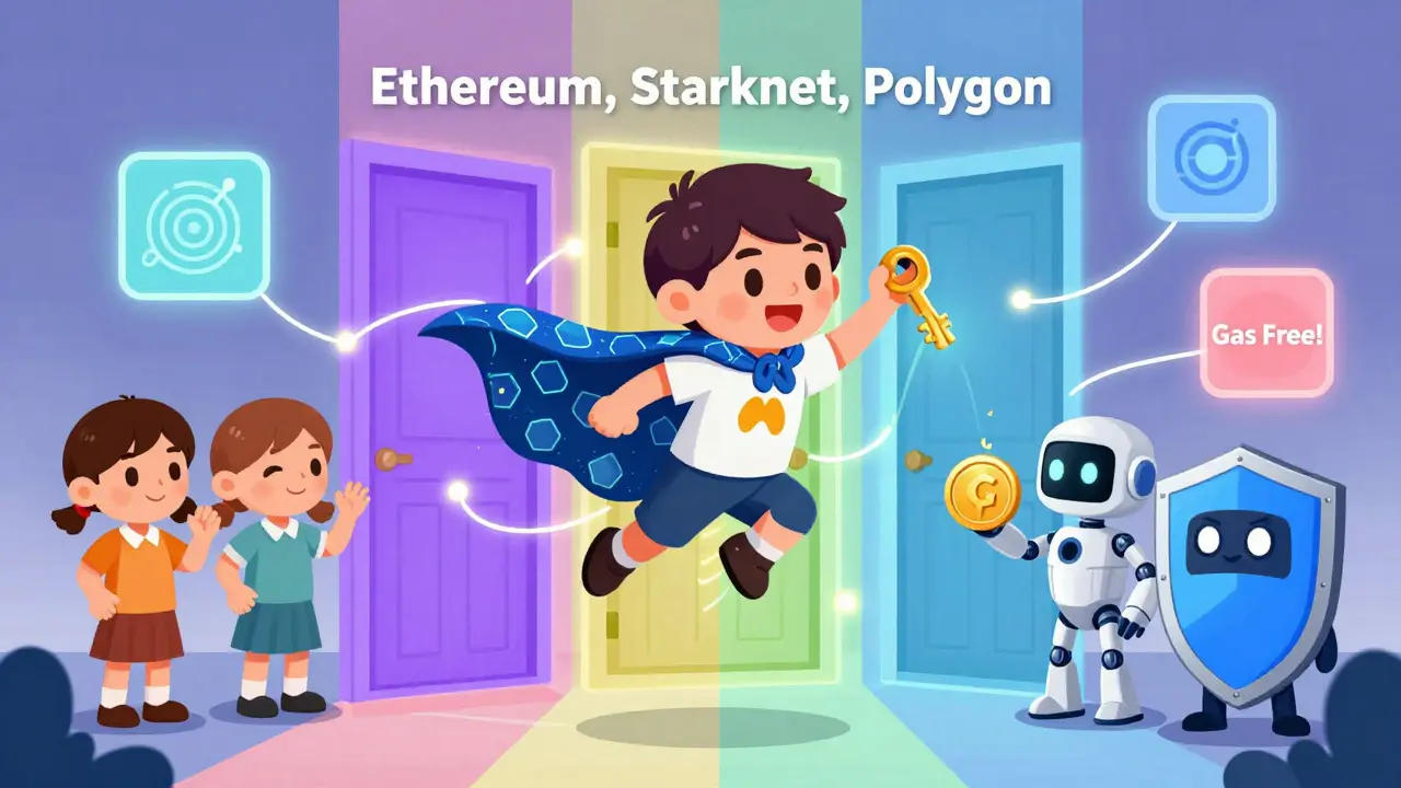 A superhero child jumps between blockchain networks using one key, while a paymaster robot gives them free gas.