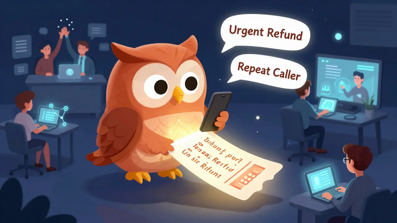 A talking owl ticket machine auto-creates support tickets with voice bubbles from a phone call.